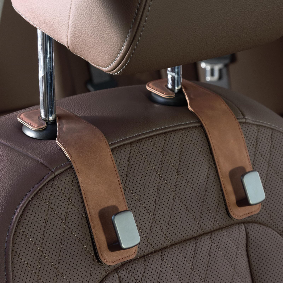 CoBak Purse Hook for Car - Universal Premium Stitched Leather and Aluminum-Magnesium Alloy Double Car Seat Back Storage Hook for Purses, Handbags, Bags (2 Pack),Black