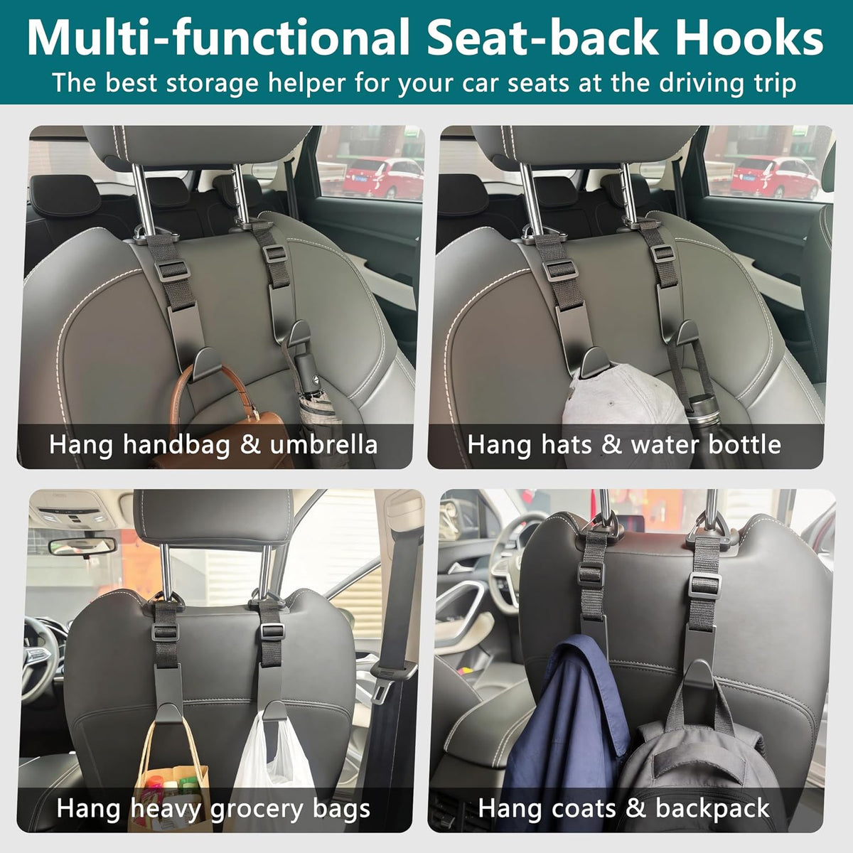 Amooca 4 Pack Anti-drop Headrest Hooks Adjustable Car Seat Organizer