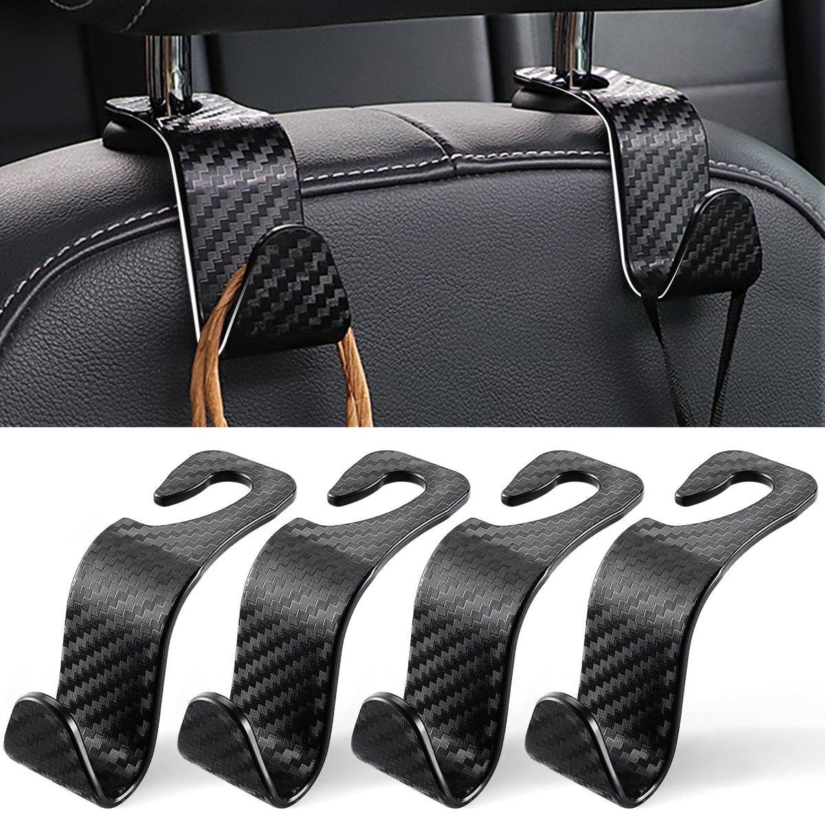 LivTee Car Seat Headrest Hook, Auto Seat Hook Hangers Storage Organizer Interior Accessories for Purse Coats Umbrellas Grocery Bags Handbag, 4-Pack