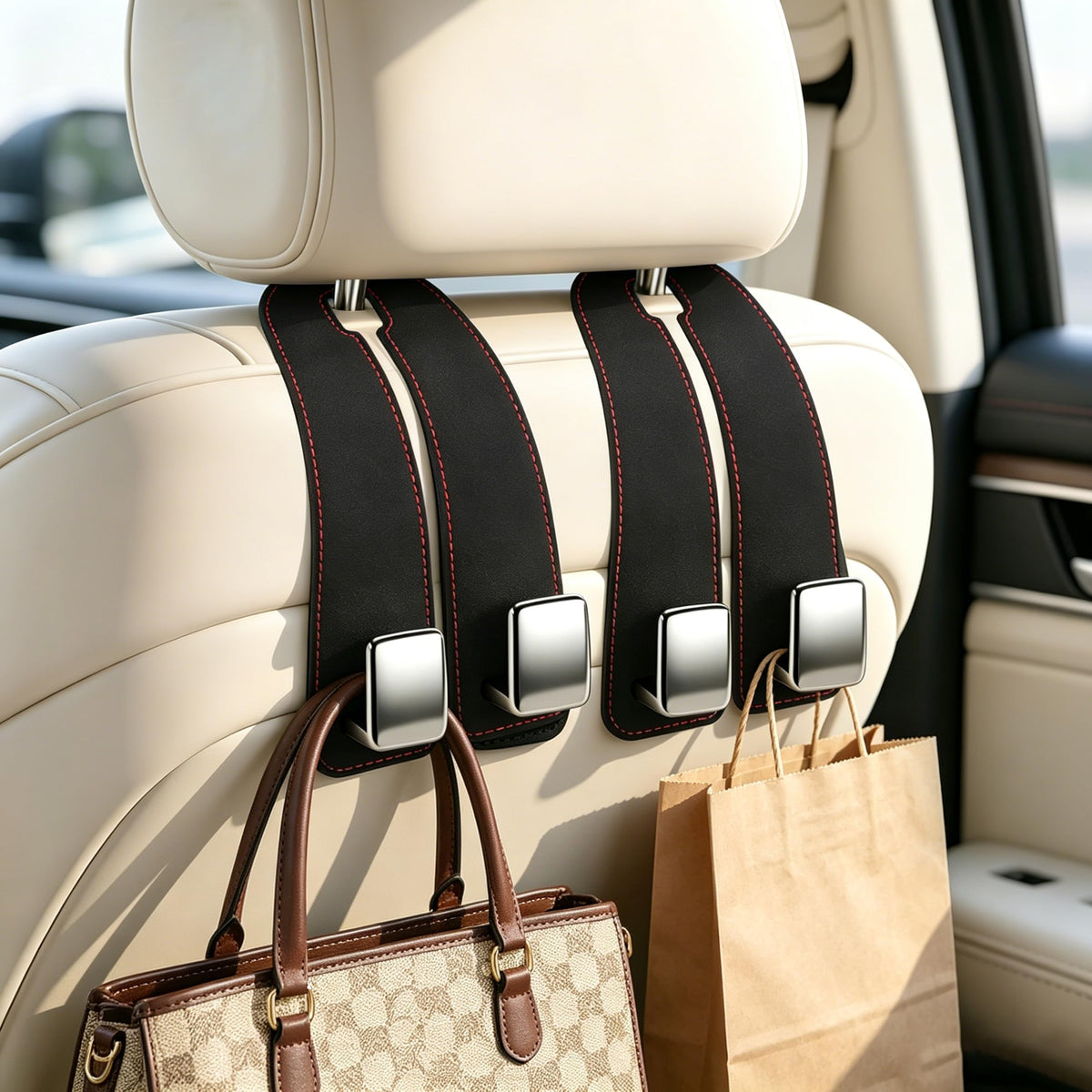 Amooca Car Headrest Hooks 2-Pack Suede Seat Organizer with Metal Core