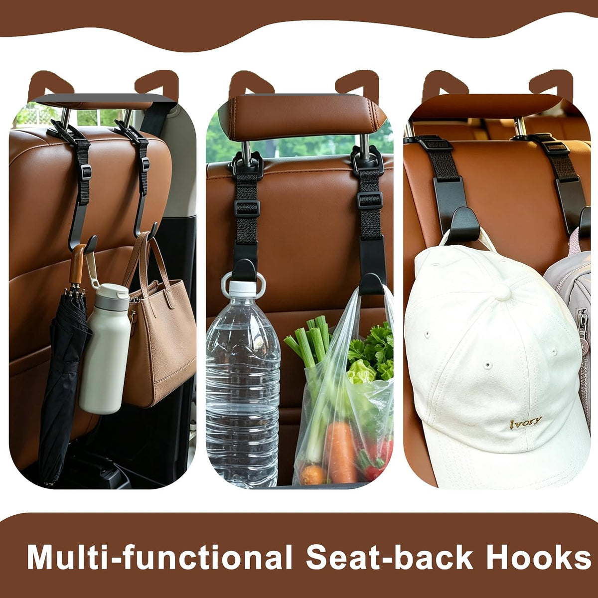 Universal Car Headrest Hooks 4 Pack, Adjustable Seat Back Organizer Hanger with Secure Clip, Black Multipurpose Holder for Purse, Bags, Coats and Grocery