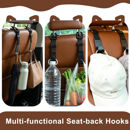 Universal Car Headrest Hooks 4 Pack, Adjustable Seat Back Organizer Hanger with Secure Clip, Black Multipurpose Holder for Purse, Bags, Coats and Grocery