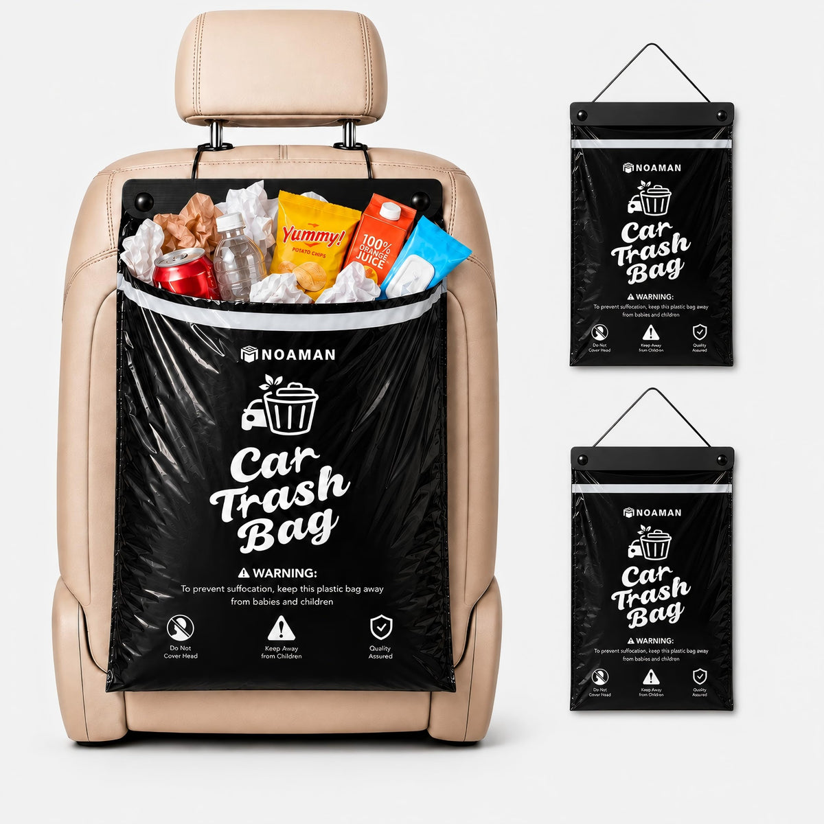Noaman 50PCS 1 Pack Car Trash Bags, 2.5 Gal Disposable Garbage Bags for Car, SUV, Truck and RV, Leak-Resistant Odor-Control Bags, Stick-On or Headrest Mount, Alternative to Car Trash Can, Black