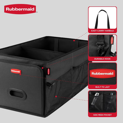 Rubbermaid Car Organizer, Collapsible Trunk Organizer, Multi-Compartment Car Storage Organization for Car Accessories, 2 Compartments-Black