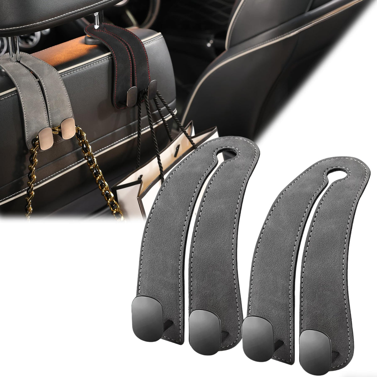 WEIHAO Purse Hook for Car Headrest, Suede Car Seat Back Storage Hook, Aluminum Twin Hooks Leather Car Headrest Hangers, Bag Holder for Sedan, Trucks, SUVs, Most Vehicles (Black-2PCS)