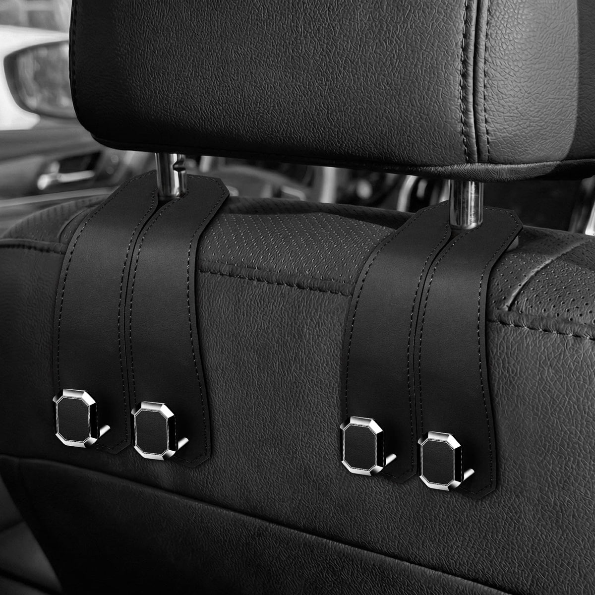 2PCS Car Hooks for Headrest, Faux Leather Purse Hook for Car Seat Back Organizers and Storage, Double Metal Purse Holder Bag Hanger, Universal Car Interior Accessories for Women Man