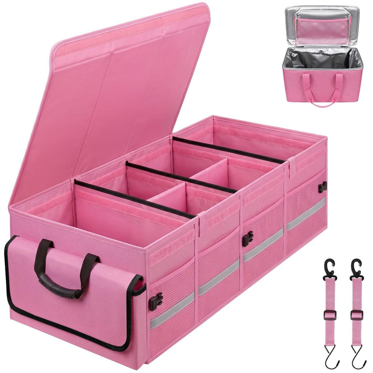Car Trunk Organizer and Storage with Lid & Removable Leakproof Cooler Bag, Car Accessories 6 Removable Dividers for Custom Space, Collapsible Large Trunk Organizers Interior for SUV Sendan with Cover