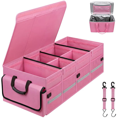 Car Trunk Organizer and Storage with Lid & Removable Leakproof Cooler Bag, Car Accessories 6 Removable Dividers for Custom Space, Collapsible Large Trunk Organizers Interior for SUV Sendan with Cover