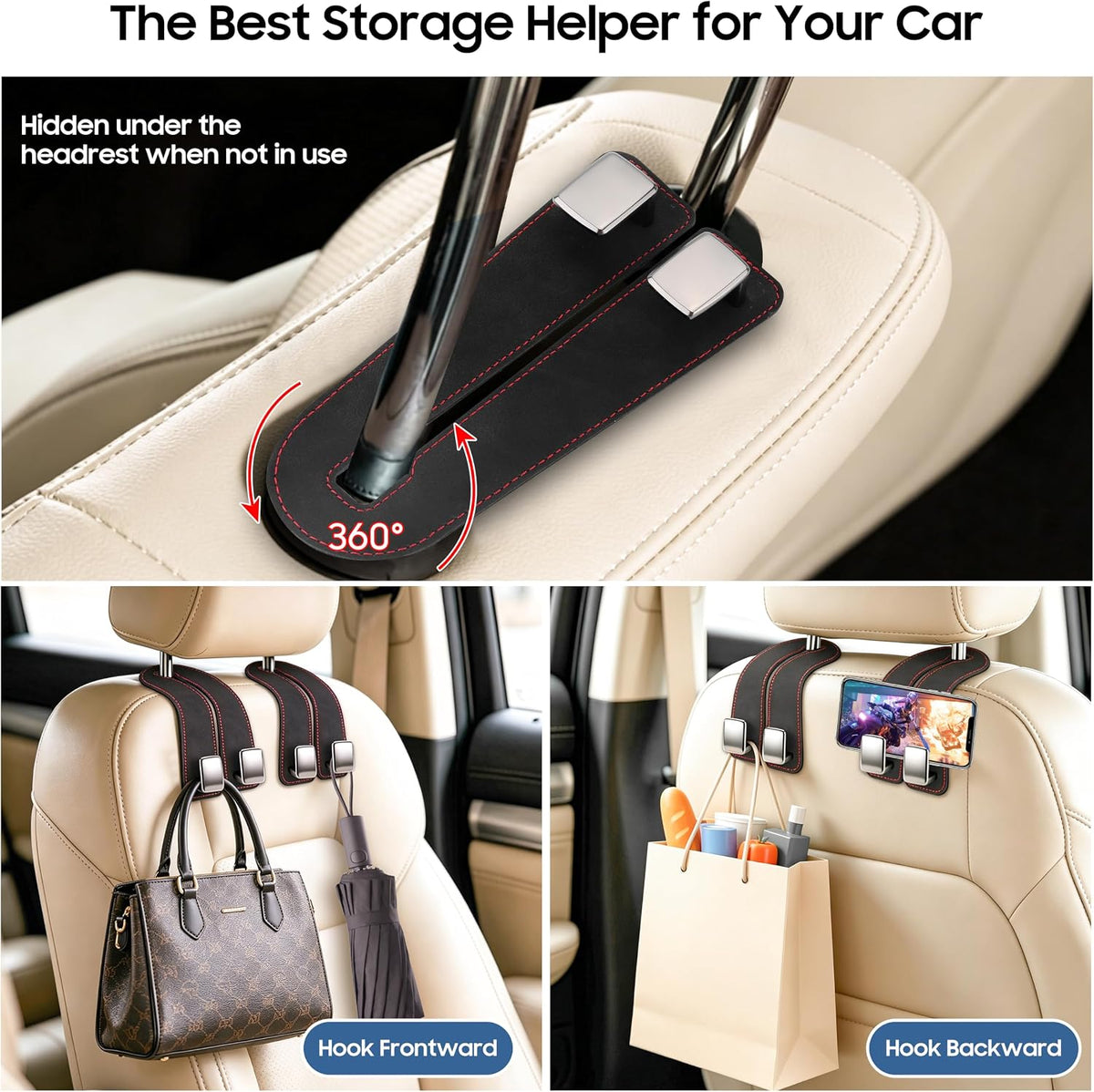 Amooca Car Headrest Hooks 2-Pack Suede Seat Organizer with Metal Core