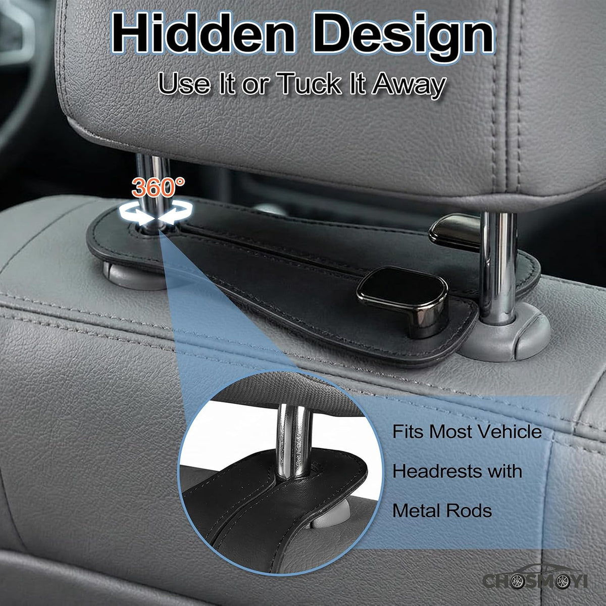 2 Pack Car Purse Hooks, Leather Car Headrest Hooks for Purses & Bags(Black)