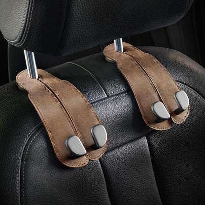 CoBak Purse Hook for Car - Universal Premium Stitched Leather and Aluminum-Magnesium Alloy Double Car Seat Back Storage Hook for Purses, Handbags, Bags (2 Pack),Black
