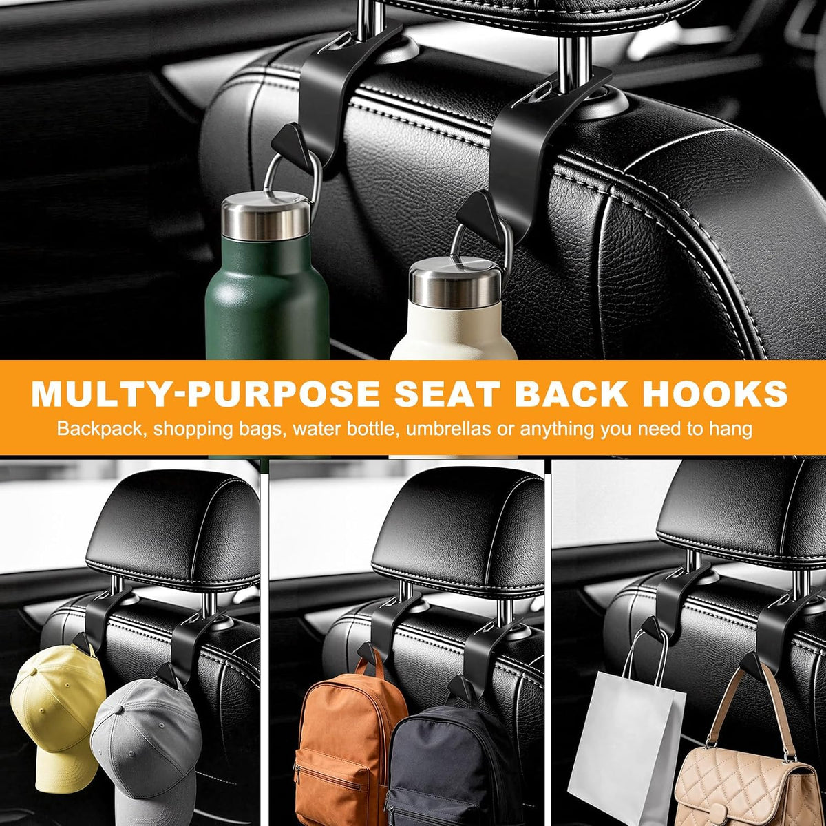 Car Seat Headrest Hook for Purses Bags Groceries,4 Pack Black