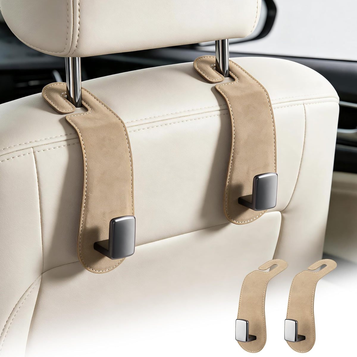 Amooca 2 Pack Car Headrest Hooks, Suede Wrapped Metal Hanger for Bags