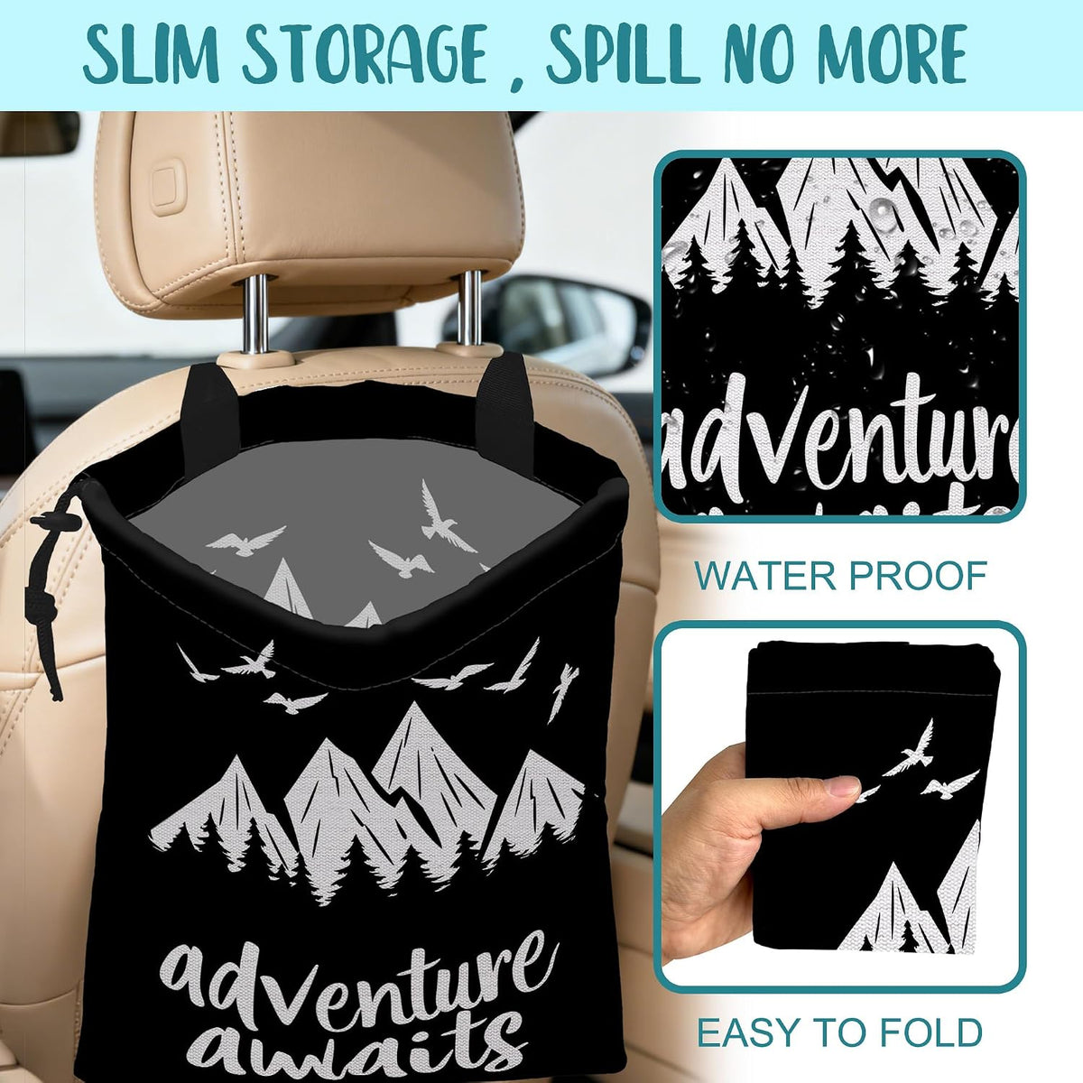 Adventure Awaits Car Garbage Bag Mountain and Bird Hanging Canvas Car Trash Bag Drawstring Car Back Seat Organizer for Car Back Front Seat Console with Adjustable Buckle