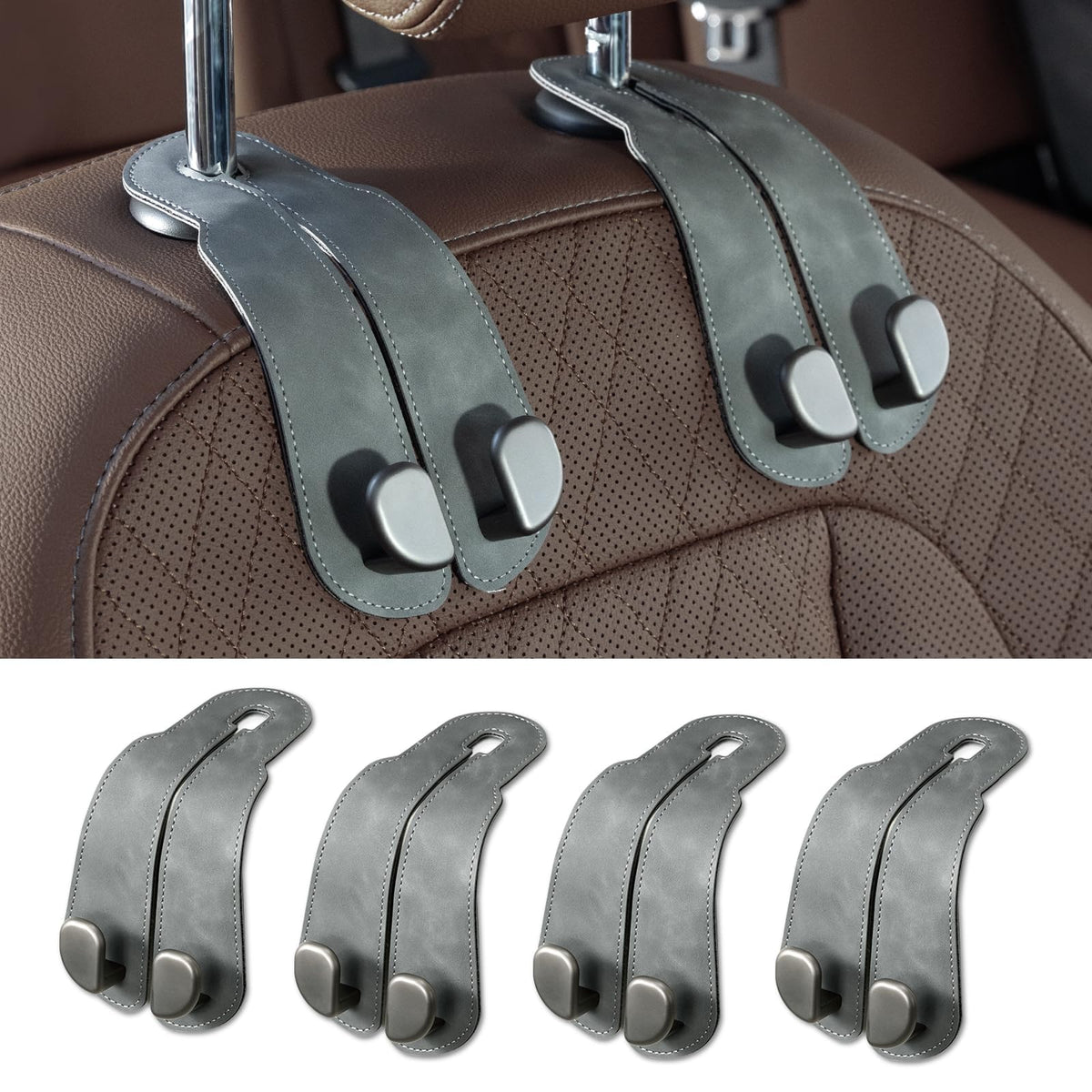 CoBak Purse Hook for Car - Universal Premium Stitched Leather and Aluminum-Magnesium Alloy Double Car Seat Back Storage Hook for Purses, Handbags, Bags (2 Pack),Black