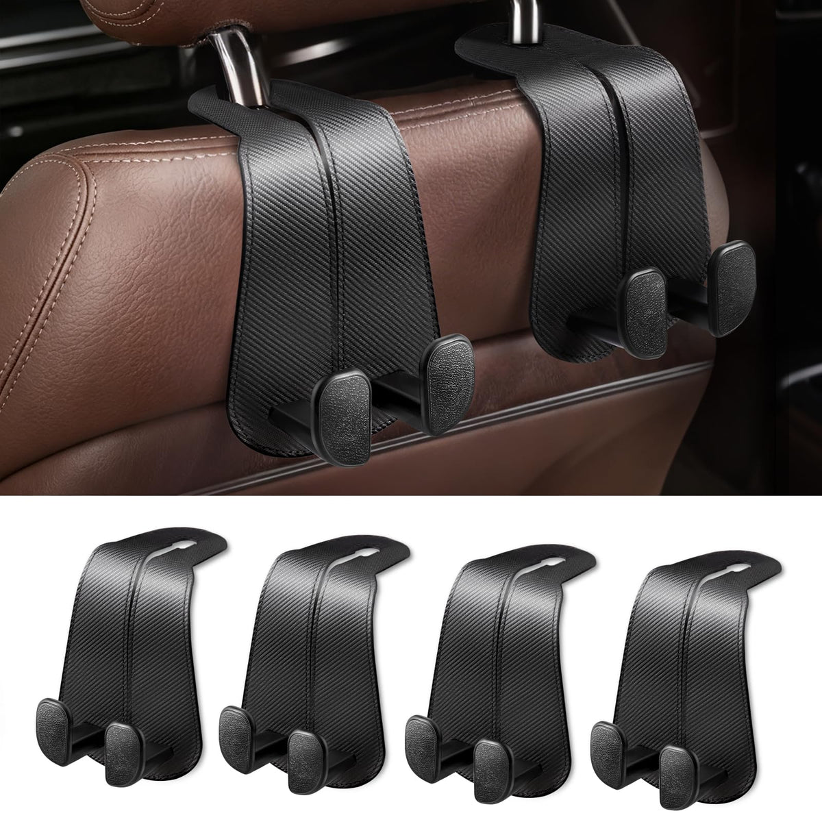 CoBak Purse Hook for Car - Universal Premium Stitched Leather and Aluminum-Magnesium Alloy Double Car Seat Back Storage Hook for Purses, Handbags, Bags (2 Pack),Black