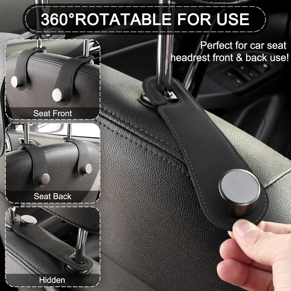 2 Pack Car Headrest Hooks Leather & Alloy Car Seat Storage Hangers, Black