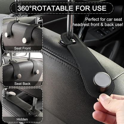 2 Pack Car Headrest Hooks Leather & Alloy Car Seat Storage Hangers, Black