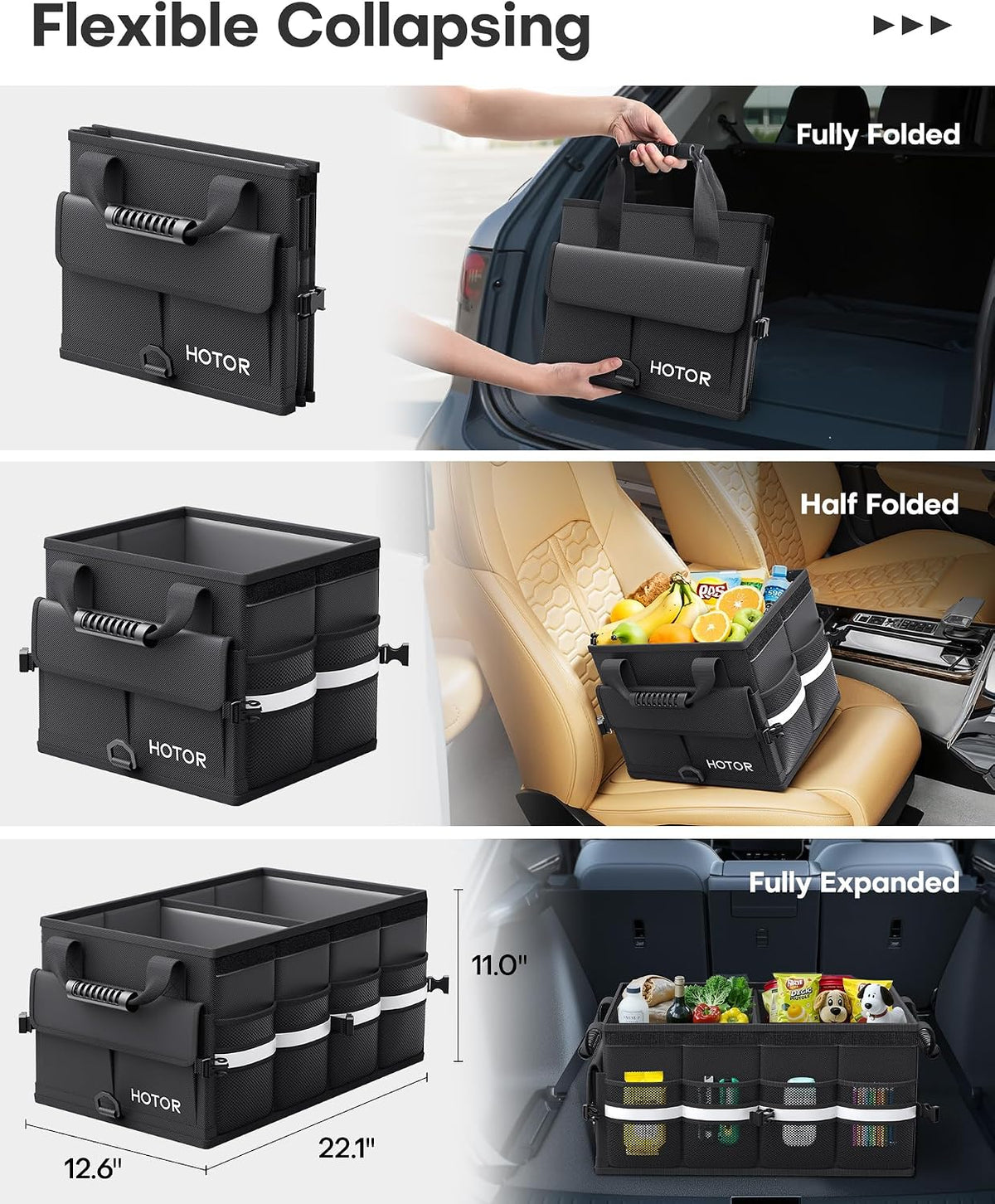 HOTOR Car Trunk Organizer - Foldable Car Storage for SUV, 2 Compartments
