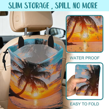 Car Garbage Bag Palm Tree Sunset at a Beach Hanging Canvas Car Trash Bag Drawstring Car Back Seat Organizer for Car Back Front Seat Console with Adjustable Buckle