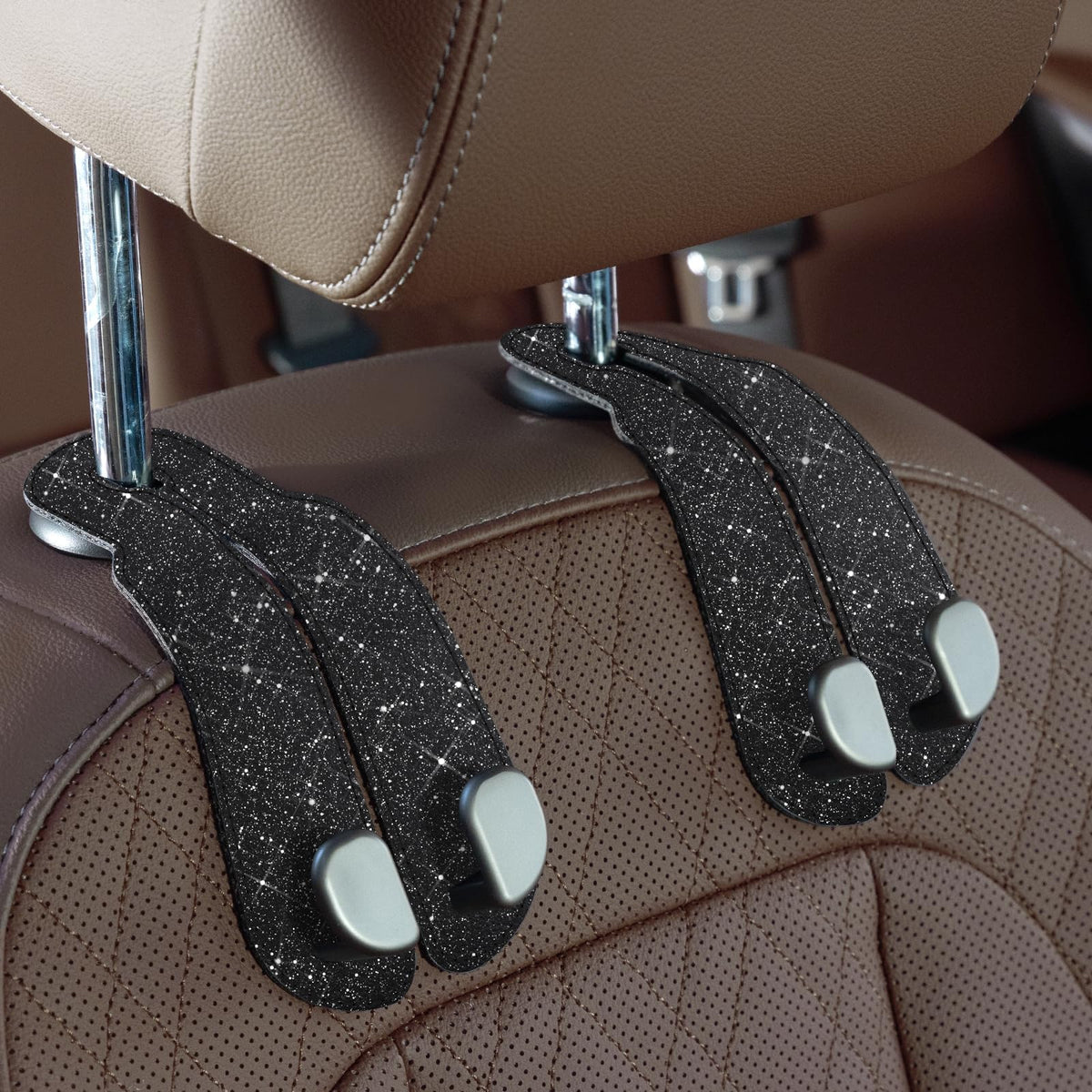 CoBak Purse Hook for Car - Universal Premium Stitched Leather and Aluminum-Magnesium Alloy Double Car Seat Back Storage Hook for Purses, Handbags, Bags (2 Pack),Black