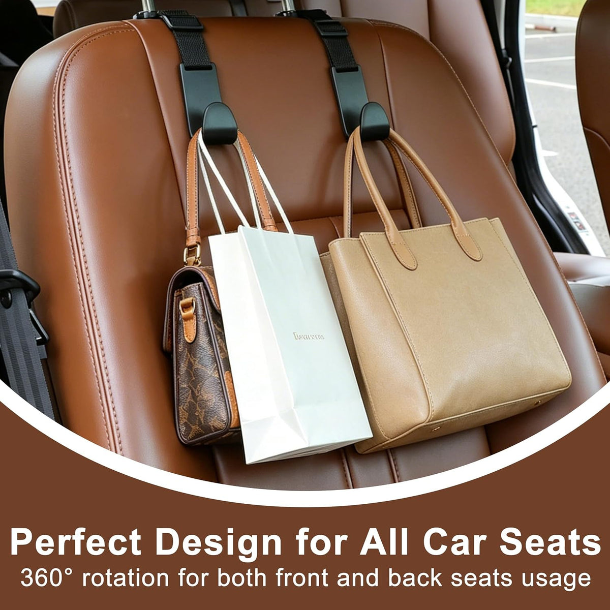 Universal Car Headrest Hooks 4 Pack, Adjustable Seat Back Organizer Hanger with Secure Clip, Black Multipurpose Holder for Purse, Bags, Coats and Grocery