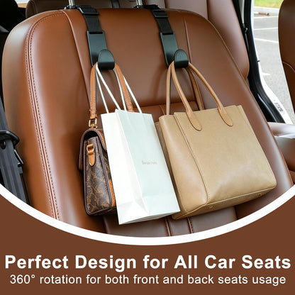 Universal Car Headrest Hooks 4 Pack, Adjustable Seat Back Organizer Hanger with Secure Clip, Black Multipurpose Holder for Purse, Bags, Coats and Grocery