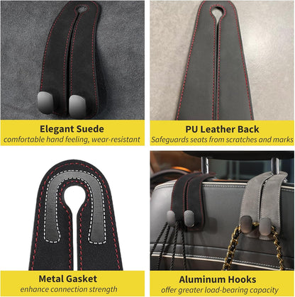 WEIHAO Purse Hook for Car Headrest, Suede Car Seat Back Storage Hook, Aluminum Twin Hooks Leather Car Headrest Hangers, Bag Holder for Sedan, Trucks, SUVs, Most Vehicles (Black-2PCS)