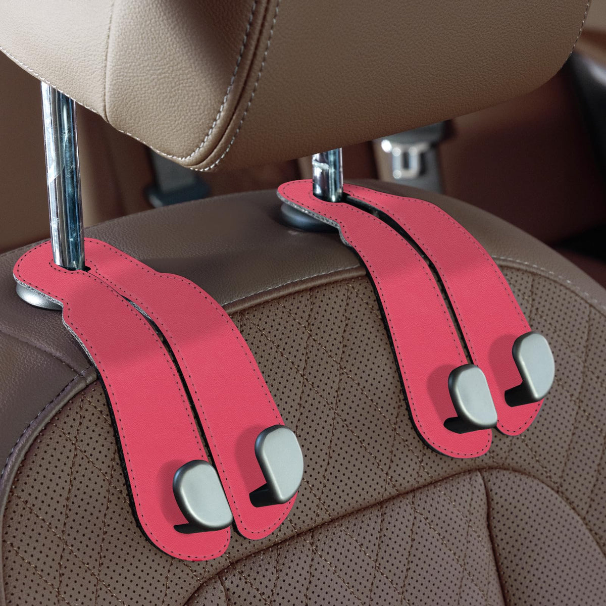 CoBak Purse Hook for Car - Universal Premium Stitched Leather and Aluminum-Magnesium Alloy Double Car Seat Back Storage Hook for Purses, Handbags, Bags (2 Pack),Black
