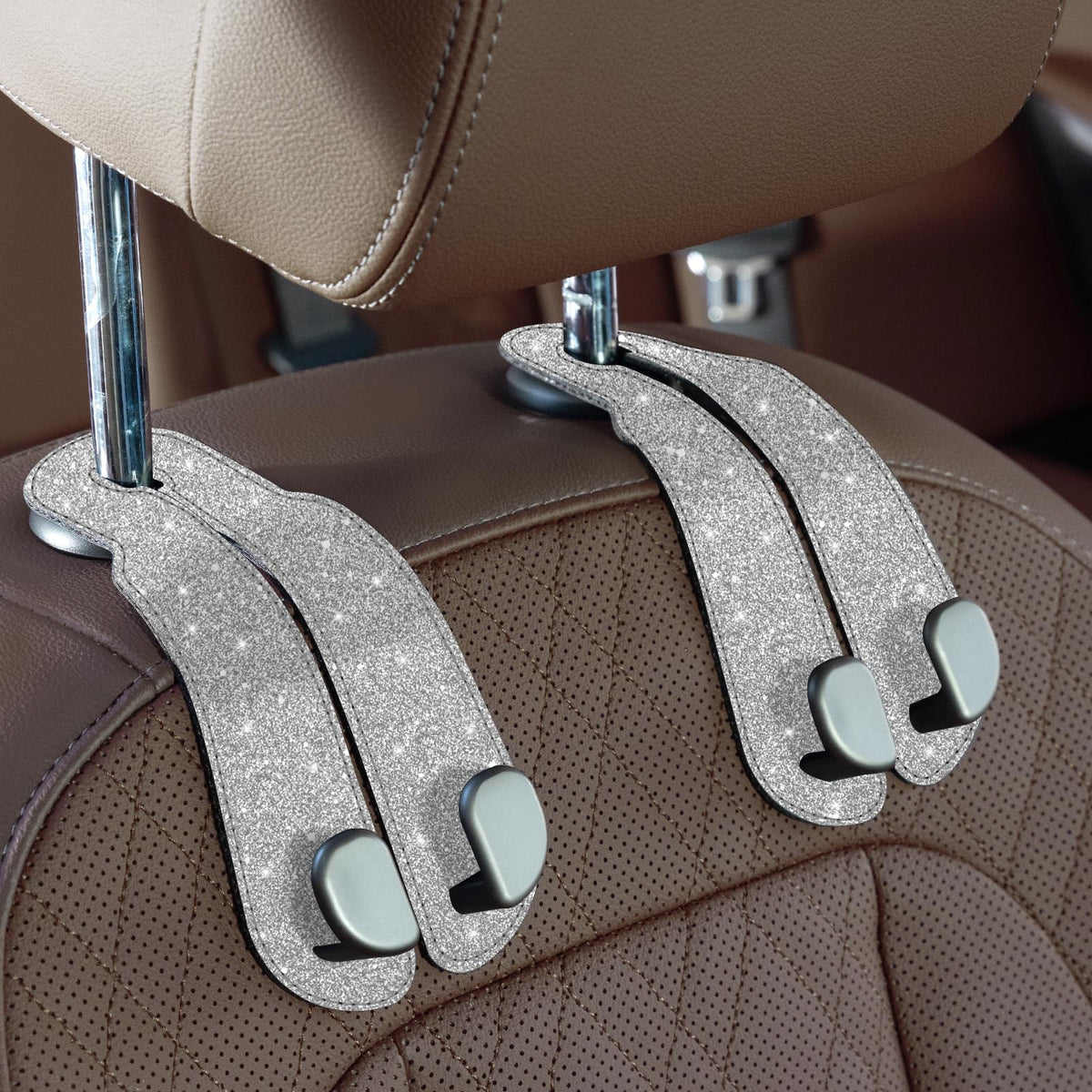 CoBak Purse Hook for Car - Universal Premium Stitched Leather and Aluminum-Magnesium Alloy Double Car Seat Back Storage Hook for Purses, Handbags, Bags (2 Pack),Black