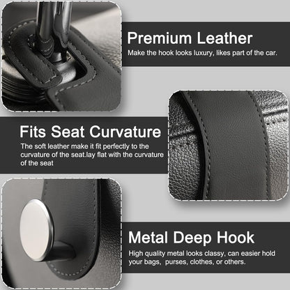 2 Pack Car Headrest Hooks Leather & Alloy Car Seat Storage Hangers, Black