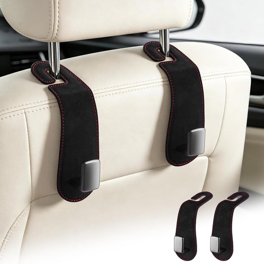 Amooca 2 Pack Car Headrest Hooks, Suede Wrapped Metal Hanger for Bags