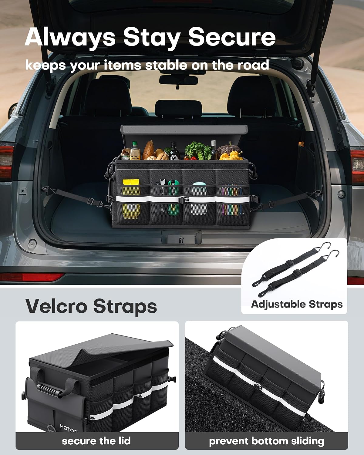 HOTOR Car Trunk Organizer - Foldable Car Storage for SUV, 2 Compartments