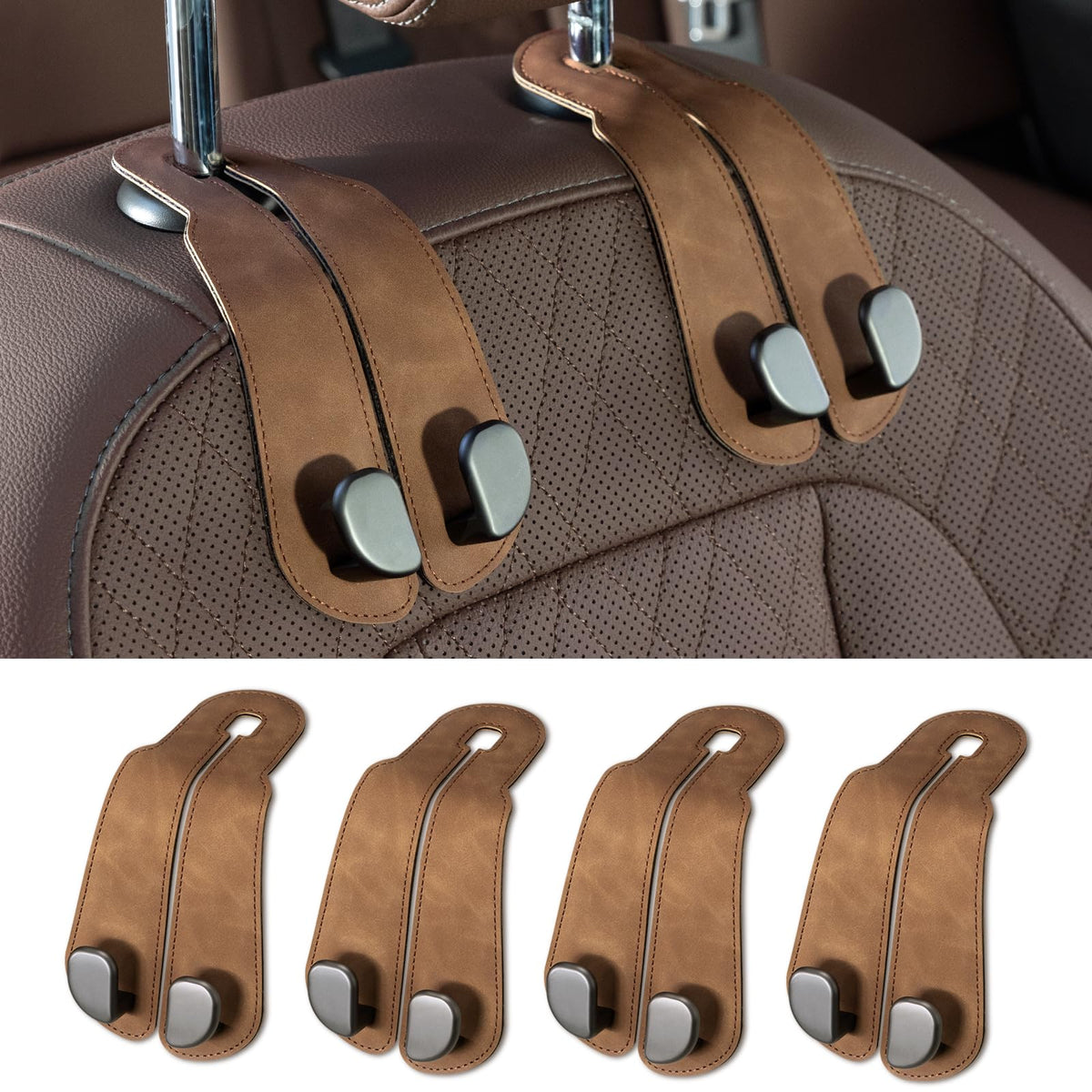 CoBak Purse Hook for Car - Universal Premium Stitched Leather and Aluminum-Magnesium Alloy Double Car Seat Back Storage Hook for Purses, Handbags, Bags (2 Pack),Black
