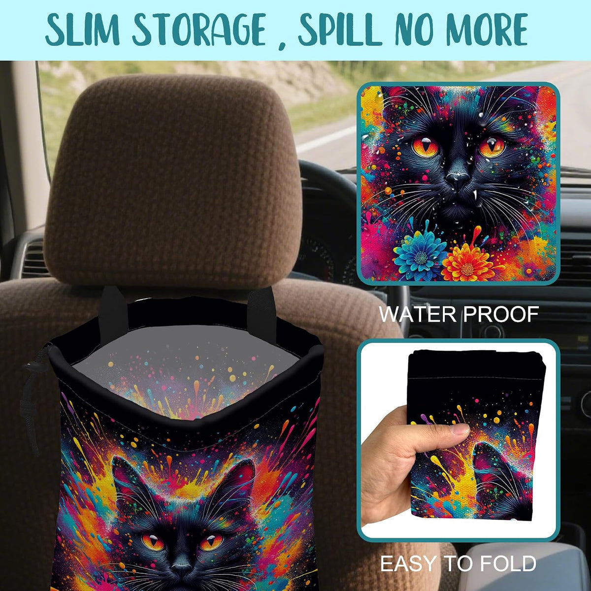 British Shorthair Cat Car Garbage Bag Colorful Splash Drawstring Car Trash Bag Hanging for Back Seat with Adjustable Buckle Canvas Vehicle Trash Can Easy-to-Install