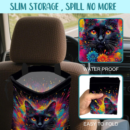 British Shorthair Cat Car Garbage Bag Colorful Splash Drawstring Car Trash Bag Hanging for Back Seat with Adjustable Buckle Canvas Vehicle Trash Can Easy-to-Install