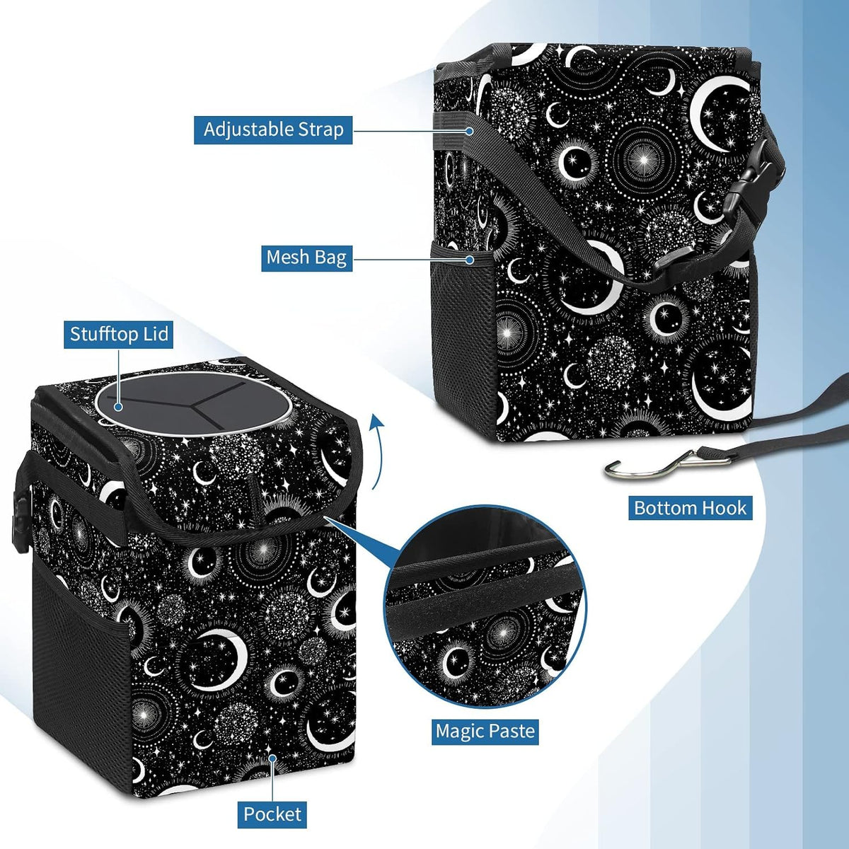 Gothic Moon Stars Boho Car Trash Can with Lid - Collapsible Reusable Waterproof Car Garbage Bag - Organizer