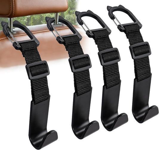 Universal Car Headrest Hooks 4 Pack, Adjustable Seat Back Organizer Hanger with Secure Clip, Black Multipurpose Holder for Purse, Bags, Coats and Grocery