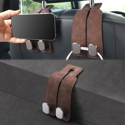 LivTee Headrest Purse Hook for Car, Seat Hook Hangers Storage Organizer for Bags and Coats Holder, Upgrade Leather Double Hook and Mobile Phone Holder for Universal Vehicle Car Accessories (Grey)
