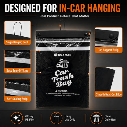 Noaman 50PCS 1 Pack Car Trash Bags, 2.5 Gal Disposable Garbage Bags for Car, SUV, Truck and RV, Leak-Resistant Odor-Control Bags, Stick-On or Headrest Mount, Alternative to Car Trash Can, Black