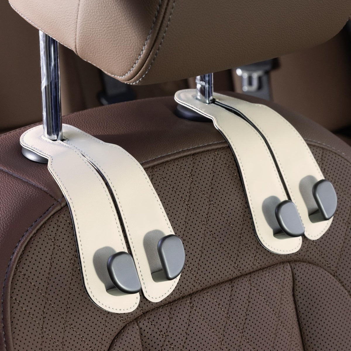 CoBak Purse Hook for Car - Universal Premium Stitched Leather and Aluminum-Magnesium Alloy Double Car Seat Back Storage Hook for Purses, Handbags, Bags (2 Pack),Black