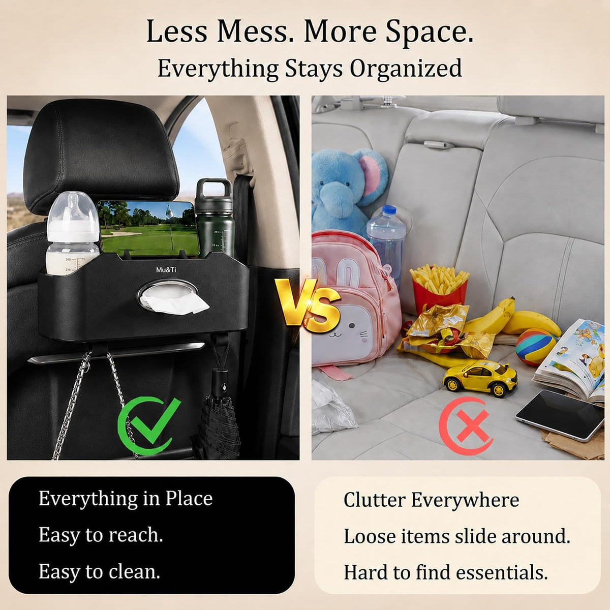 Back Seat Car Organizer with Cup Holders Tissue Box, Phone Stand and Hooks