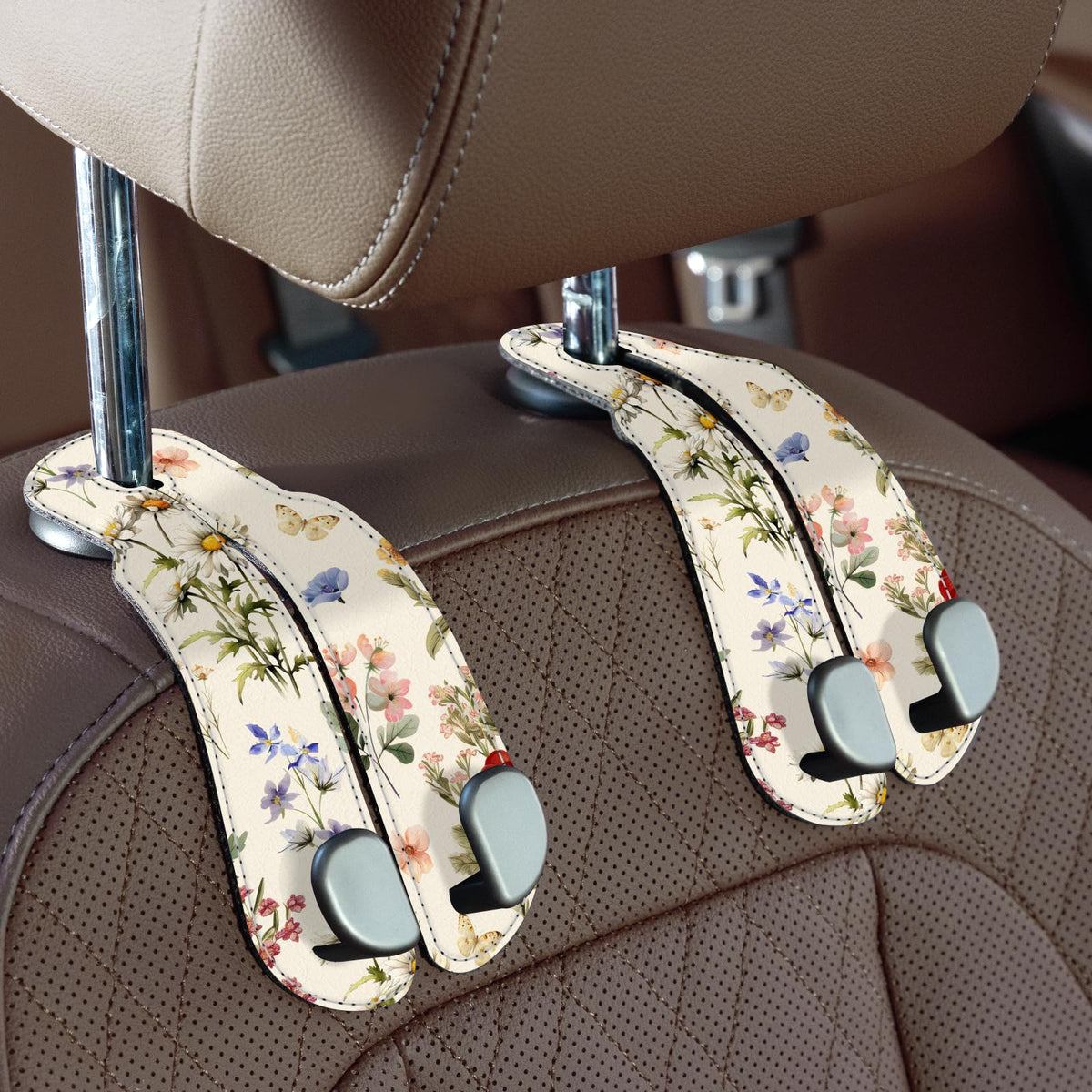CoBak Purse Hook for Car - Universal Premium Stitched Leather and Aluminum-Magnesium Alloy Double Car Seat Back Storage Hook for Purses, Handbags, Bags (2 Pack),Black