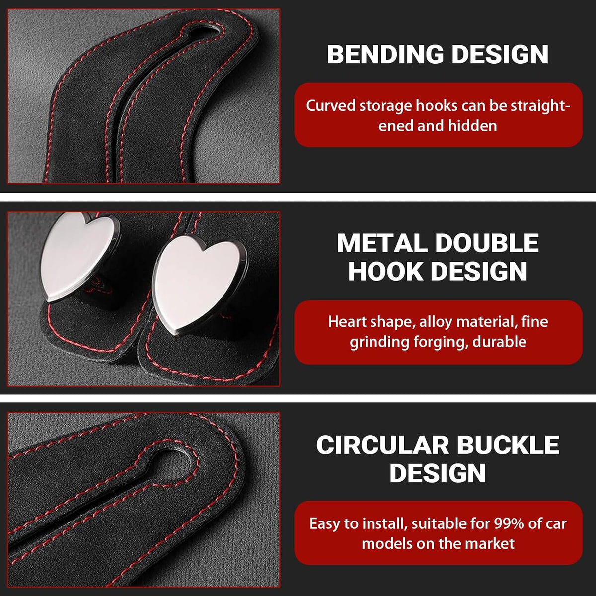 2 PCS Car Seat Headrest Hooks, Suede Cute Heart-shaped Metal Double-ended Purse Hook, Universal Rear Seat Car Kooks, Car Accessories for Women (Black)