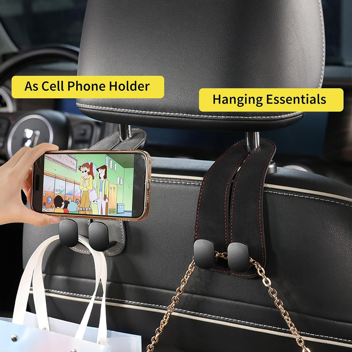 WEIHAO Purse Hook for Car Headrest, Suede Car Seat Back Storage Hook, Aluminum Twin Hooks Leather Car Headrest Hangers, Bag Holder for Sedan, Trucks, SUVs, Most Vehicles (Black-2PCS)