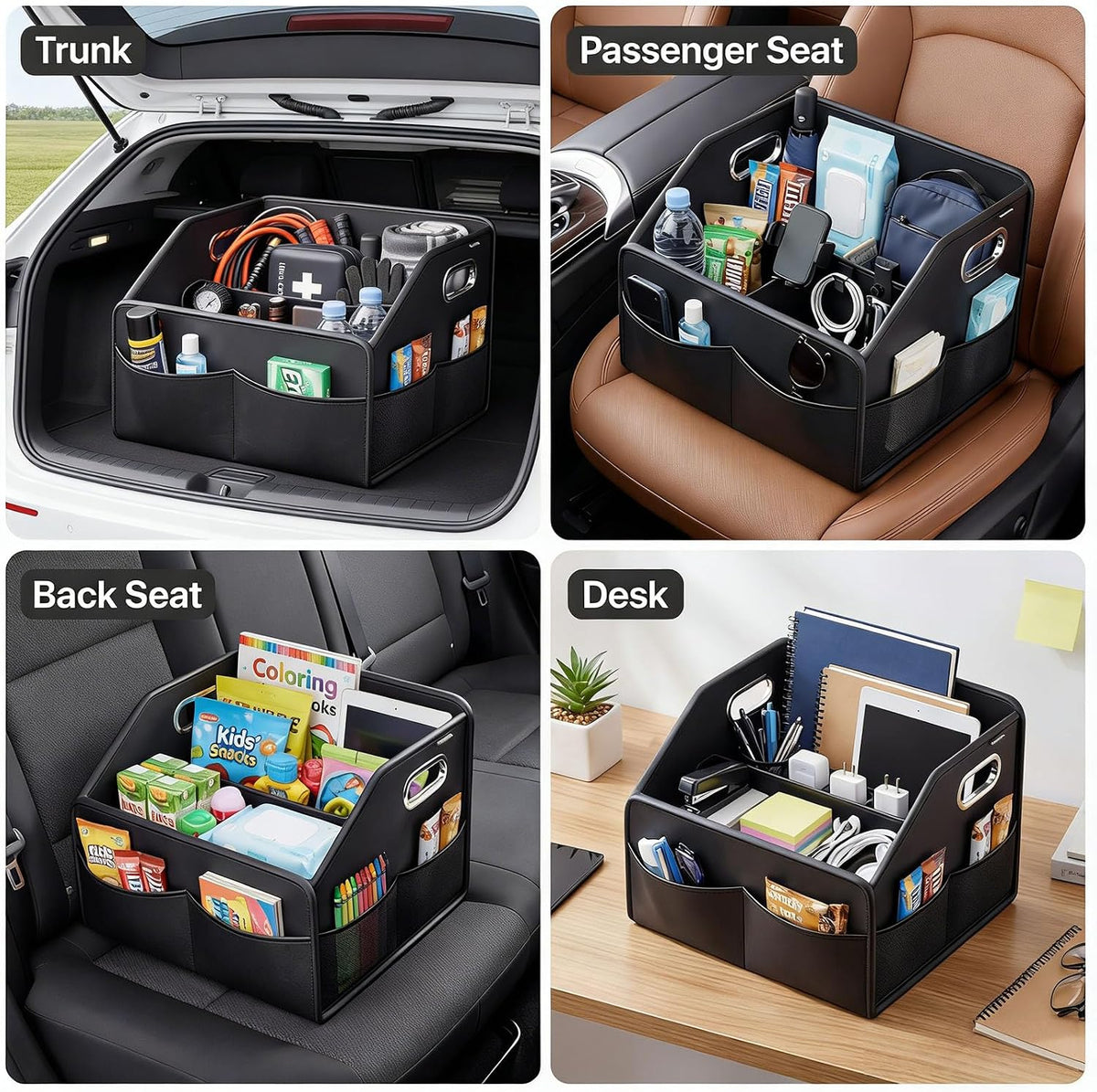 Car Front Seat Organizer - PU Leather Car Storage Box with Metal Handle, Divided Black Car Caddy Organizer for Truck/SUV/RV/Sedan, Universal Car Accessories for Trunk Front Back Seat