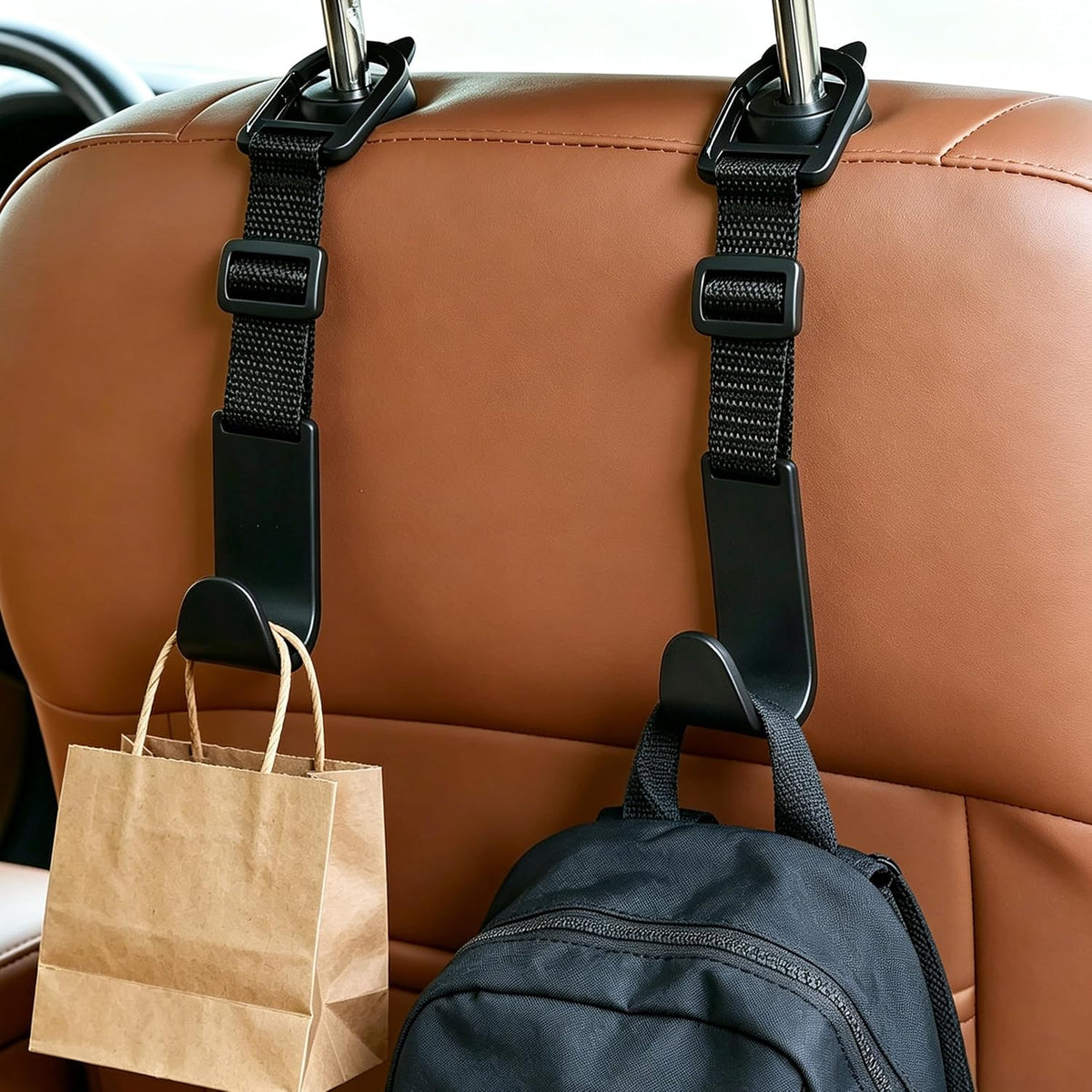 Universal Car Headrest Hooks 4 Pack, Adjustable Seat Back Organizer Hanger with Secure Clip, Black Multipurpose Holder for Purse, Bags, Coats and Grocery