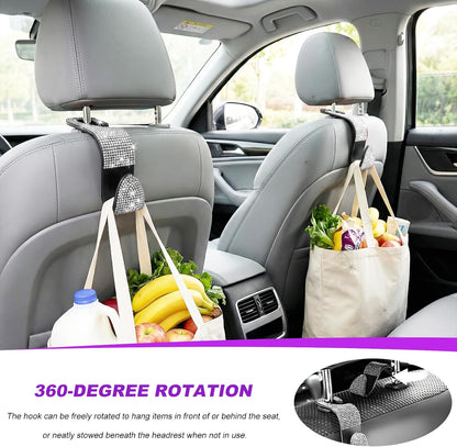 4 PCS Car Seat Headrest Hook, Crystal Rhinestone Seat Hanger Auto Interior Purse Holder, Bling Vehicle Backseat Hangers for Grocery Bags Handbags Coats, Car Accessories (Silver)