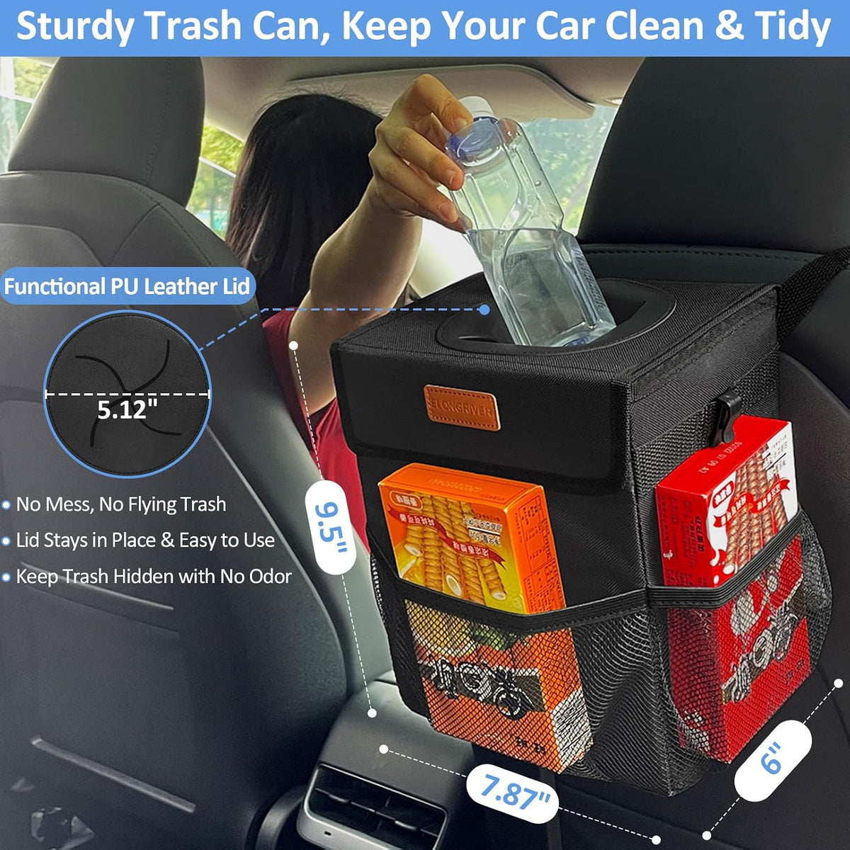 ELONGRIVER Leak Proof Car Trash Can with Lid Black