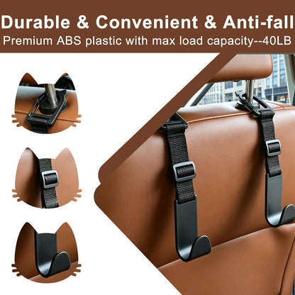 Universal Car Headrest Hooks 4 Pack, Adjustable Seat Back Organizer Hanger with Secure Clip, Black Multipurpose Holder for Purse, Bags, Coats and Grocery